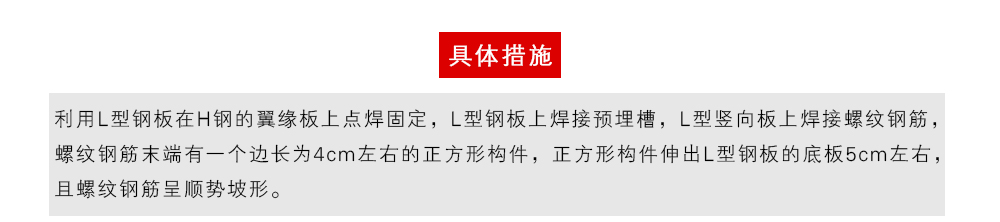 具體措施為：利用L型鋼板在H鋼的翼緣板上點(diǎn)焊固定，L型鋼板上焊接預(yù)埋槽，L型豎向板上焊接螺紋鋼筋，螺紋鋼筋末端有一個(gè)邊長(zhǎng)為4cm左右的正方形構(gòu)件，正方形構(gòu)件伸出L型鋼板的底板5cm左右，且螺紋鋼筋呈順勢(shì)坡形。