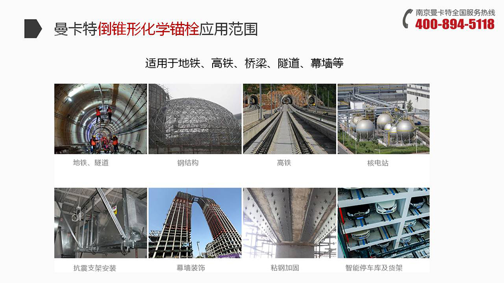 南京曼卡特化學(xué)錨栓廣泛應(yīng)用地鐵、高鐵、橋梁、隧道、幕墻